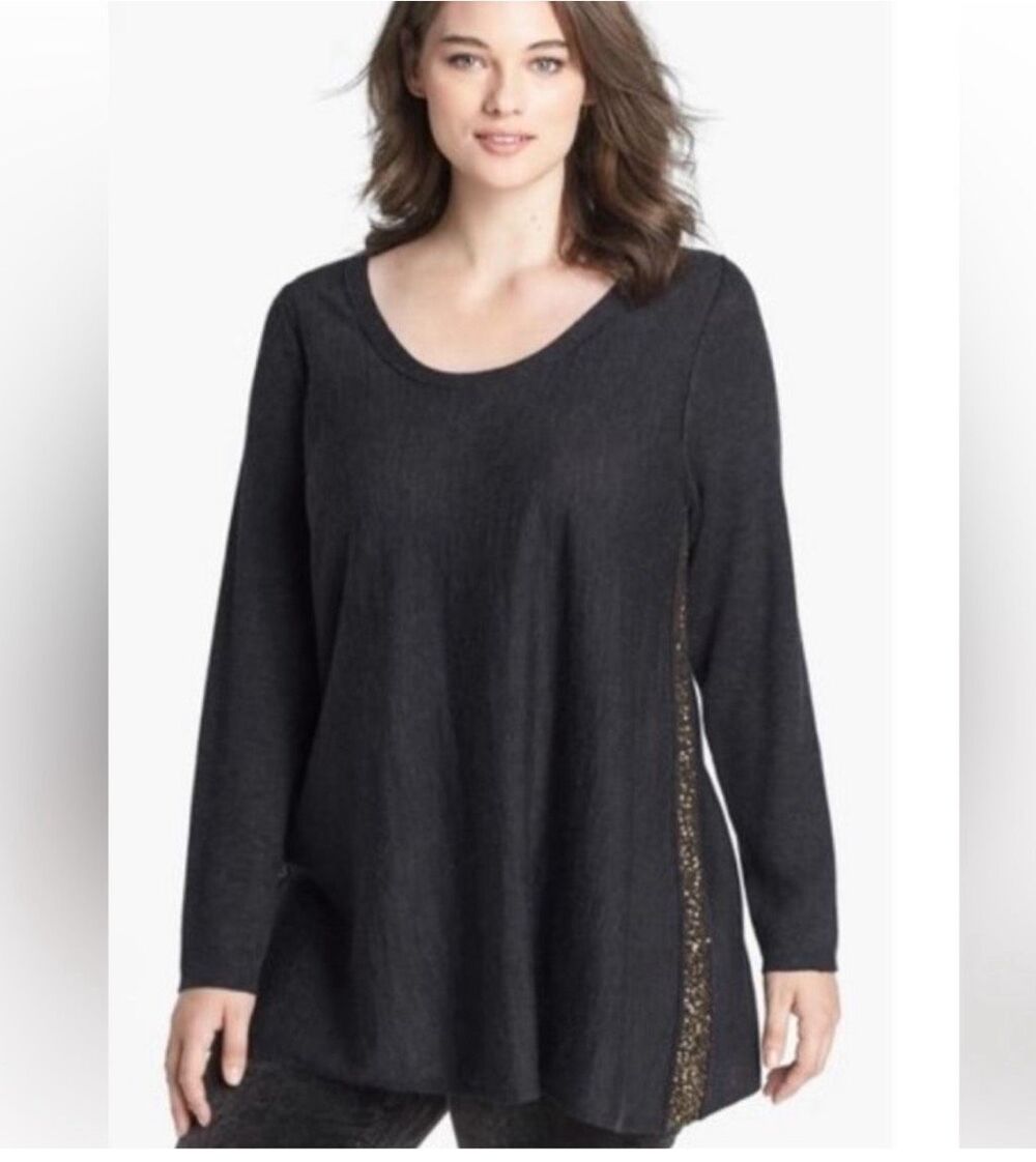 Eileen Fisher Sequin Side Boxy Relaxed Gray Crewneck Sweater Size Small Merino ?